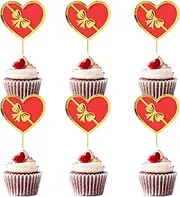 Ercadio 24 Pack Happy Valentine's Day Cupcake Toppers with Red Heart Bow Glitter Cake Pick Valentine's Day Theme Party Cake Decorations Supplies
