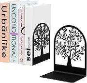 Book Ends, Metal Bookend, Tree of Life Bookend for Shelves, Home Decorative Bookends for Heavy Books, Black Non-Skid Book Stopper, 7 x 5.5 x 3.5 inch (1 Pair)