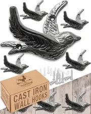 Flying Bird Cast Iron Hooks (5 Pack) Cast Iron, Silver Coat Hooks, Wall Mounted