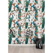 Removable wallpaper Colorful peacocks Watercolor floral Exotic wall decal