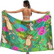 [RPLIFE] Playful Monkeys Jungle Green Women's Beach Sarong Cover Up, Wrap Scarf Shawl, Beach Sarong Wraps for Women, Playful Monkeys Jungle Green, Medium