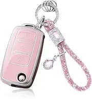 for VW Key Fob Cover with Bling Keychain, Soft TPU Key Case Shell Compatible with Volkswagen Jetta Beetle Tiguan Passat Golf MK6 Polo,3 Buttons,Pink, Pink