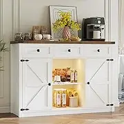 Dystler Sideboard w/ 3 Drawers and 2 Doors, Farmhouse Kitchen Buffet Storage Cabinet with Large Storage, Coffee Bar Cabinet w/Light and Charging Station for Kitchen/Living Room