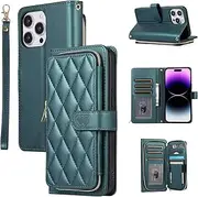Konstreet for iPhone 16 Pro Max Full Cover Zippered Case, Wrist Strap Crossbody Shoulder Strap 9+ Card Slot Zippered Wallet, Luxury PU Leather Stand Case for iPhone 16 Pro Max (Dark Green)