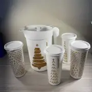 Tupperware Treeful Tidings Pitcher & Tumbler Set White and Gold Christmas New!