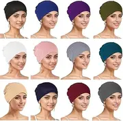 [Cmonie] 12 Pieces Solid Women Chemo Hat Stretchy Turban Beanie,Pre Tied Chemo Head Scarf Beanie Skull Cover Cap for Women Hair Loss, Multi, One Size