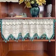 Short Crochet Curtains Valance - Boho Rustic Cotton Blend Lace Half Window Drapes, Tassel Hollow Out Rod Pocket Sheer Panel for Kitchen Cabinet Bedroom Door Café Farmhouse Decor (Blue,150x48cm)