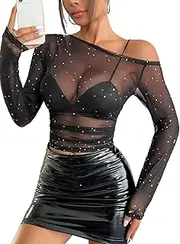 [LJVOGUES] Womens Mesh Tops, Black Tops, Long Sleeve Mesh Shirts, One Shoulder See Through Blouses with Sequin