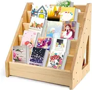 Kids Bookshelf, Montessori Book Shelf for Toddlers Front Facing Wooden Bookcase Rack Book Case Display Organizer Stand Shelves with Handle & Anti-Tilting Device Furniture for Nursery Classroom Bedroom