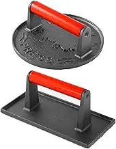 AIMALL Cast Iron Meat Presser Manual BBQ Grill Press with Beech Handle – Non-Stick, Heavy-Duty Square/Round Design for Hamburgers, Bacon, and More