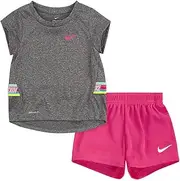 [Nike] Girl`s Contrast Logo Taping Graphic Print T Shirt & Shorts 2 Piece Set (Hyper Pink(26G485-A96)/Grey, 2T)