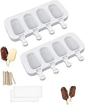 2-Piece Popsicle Molds, Silicone Ice Cream Bar Maker with 4 Oval Cavities and 20 Wooden Sticks, DIY Ice Pop Maker, Cake Pop Mold, White