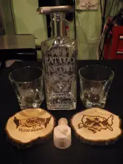 bottle,cups,coasters,laser engraved,custom,tattoo machine,booz,decanter,bar