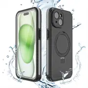 Nevenka TB Waterproof Case for iPhone 15 case Magnetic Cover Ring Stand Full Body Protective-Black Ash