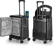 [Lugsuitee] Ride On Luggage with Foldable Seat for Kids&Adults with Seat Belt,Hardshell Ride On Suitcase with Front Pocket,Lockable 4-Spinner Wheels,USB Port,TSA Lock,20 inch, Black, Luggage With Seat