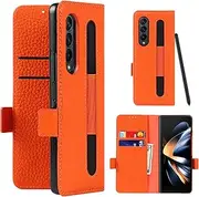 [Cavor] Wallet Case for Samsung Galaxy Z Fold4 5G Phone Cover with S-Pen Holder Litchi Pattern Cowhide Genuine Leather Cases Folio Flip Cover Card Slots Magnetic Closure Kickstand-Orange