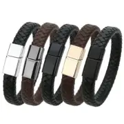 Black Leather Men Bracelets Fashion Metal Magnetic Clasp Wrap Bracelets Jewelry