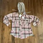 NWT Kori America pink plaid hoodie flannel button Jacket shirt Shacket Small