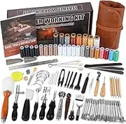 BUTUZE Leather Kit, Leather Tooling Kit, Practical Leather Working Tools with Leather Stamping Tools, Beveler, Groover, Stitching Punch Sewing Thread and Needles - Leather Roll Bag and Manual