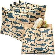 100 Pcs Shark Patterned Sealable Paper Sandwich Bags, Disposable, Brown, Fold Top Closure, Paper Construction, Perfect for Candies, Cookies, Goodies, Chocolates, Desserts