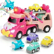 Princess Car Toys Transport Trucks 5in1 Toddlers Lights Music Carrier Vehicle Girls Ages 3+ Gifts Playtime Fun Pink