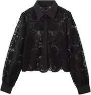 [Generic] Women Spring Summer Crochet Knitting Hollow Out Sexy Lace Crop Top Turn Down Collar Short Shirt