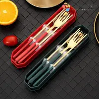 在飛比找Yahoo!奇摩拍賣優惠-新款推薦 食品級304不銹鋼叉勺筷餐具韓式鍍鈦金網紅勺筷套裝