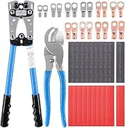 Glarks 42Pcs Battery Cable Lug Crimping Tool Wire Crimper with Cable Cutter and Wire Lugs Ring Terminal Connectors and Heat Shrink Tubing for 10, 8, 6, 4, 2, 1/0 AWG Wire Cable Cutting and Crimping