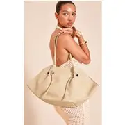 Natural Contrast Raffia Drawstring Beach Bag, Natural