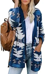 [Ferbia] Women Boho Cardigan Aztec Open Front Loose Slouchy Sweaters Tribal Long Sleeve Knitted Christmas Jacket Coat