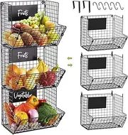 MOTYYA Fruit Vegetable Storage Basket for kitchen, 3 Tier Stackable Wall Mount & Countertop & Hanging Metal Wire Baskets Organiser with Hooks, kitchen Produce Tiered Counter Organizer Bin Rack(Black)