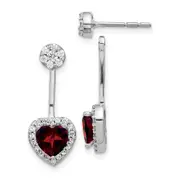 14k White Gold Real Diamond/Heart Garnet Front/Back Earrings