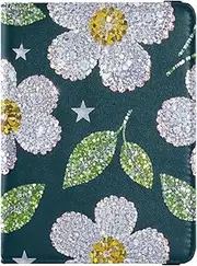 [Amooorous] White Fake Sequin Flowers Leather decorative passport holder for travel men Vaccine Case Protector Cover Document Organizer Holder Accessories Lightweight, White fake sequin flowers, 1 size