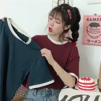 在飛比找momo購物網優惠-【D.studio】韓版寬鬆撞色系短袖上衣(短袖t恤 女裝 
