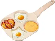 Maifan Stone, 4 Hole Pancake Egg Pan for Breakfast, Nonstick Breakfast Pan Omelette Maker with Detachable Wood Handle for Family Cooking(Beige,Heart Star Fried Egg Pot)