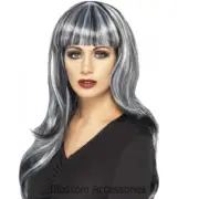 W399 Sinister Siren Wig Long Wavy with Fringe and Streaks Vamp Witch Halloween