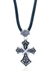 HARLEY-DAVIDSON® MENS SILVER TRIBAL CROSS WITH B&S RUBBER CORD NECKLACE