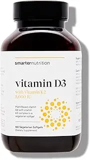 Plant-Based Vitamin D3 Immune Support with Vegan K2 Complex in a Vegetarian Softgel - Includes 5,000 IU of Vitamin D for Immunity Boost, Complete Bone Health & Arterial Protection (1, D3+K2)