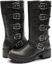 GLOBALWIN Chunky Mid Calf Fashion Dressy Motocycle Biker Military Style Combat Boots for Women Low Heel