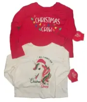 Holiday -Girl's Unicorn Cream Lg Sleeve Tee & Red Christmas Lights Crew 2 Pack