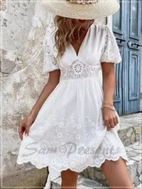 在飛比找Yahoo!奇摩拍賣優惠-洋裝 白色泡泡袖網眼刺繡短袖 歐美流行時尚女裝連身裙連衣裙小