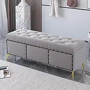 Modern Entryway Shoe Bench Upholstered Velvet Storage Ottoman Tufted End of Bed Bench for Bedroom Footrest Stool with Gold Base & Nailhead Trim for Living Room(Color:Grey1,Size:80x40x45cm)