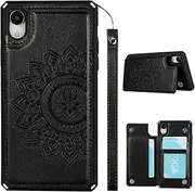 Cavor for iPhone XR Case Flower PU Leather Wallet Flip Magnetic Clasp Protective Back Cover Kickstand with Lanyard Card Slots Holder Shockproof Case for iPhone XR 6.1''-Horizontal Mandala Black