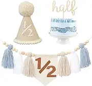 1/2 Half Birthday Highchair Banner Decorations For First Boys Khaki Cone Hat With One Cake Topper Photo Backdrop (Blue 1/2)