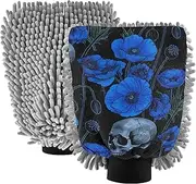 Blue Poppy Flower Skull Black Washing Mitts Car Wash Scratch Free Cleaning Pad Car Washing Sponge Microfiber Absorbent Chenille, Medium x 2 Pack