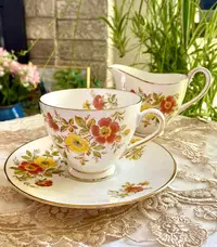 在飛比找Yahoo!奇摩拍賣優惠-英國骨瓷 西洋古董 Tuscan骨瓷咖啡杯 粉釉小花杯碟套裝