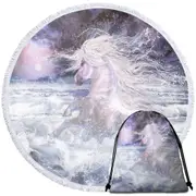 Stunning White Horse Running in the Ocean Round Beach Towel