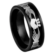 1108 Tungsten – 8mm Black IP Plated Ring Cut-out Claddagh Inlay – 8mm