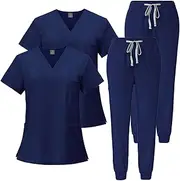 Meichoon Scrubs Set 2PCS Medical Work Uniforms V-neck Short-sleeved Top with 3 Pockets Stretch Pants Quick-drying and Sweat-absorbent DK05