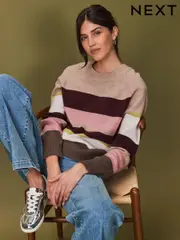 Neutral and Pink Stripe Premium 100% Lambswool Pattern Crew Neck Knitted Jumper (N21317) | $40